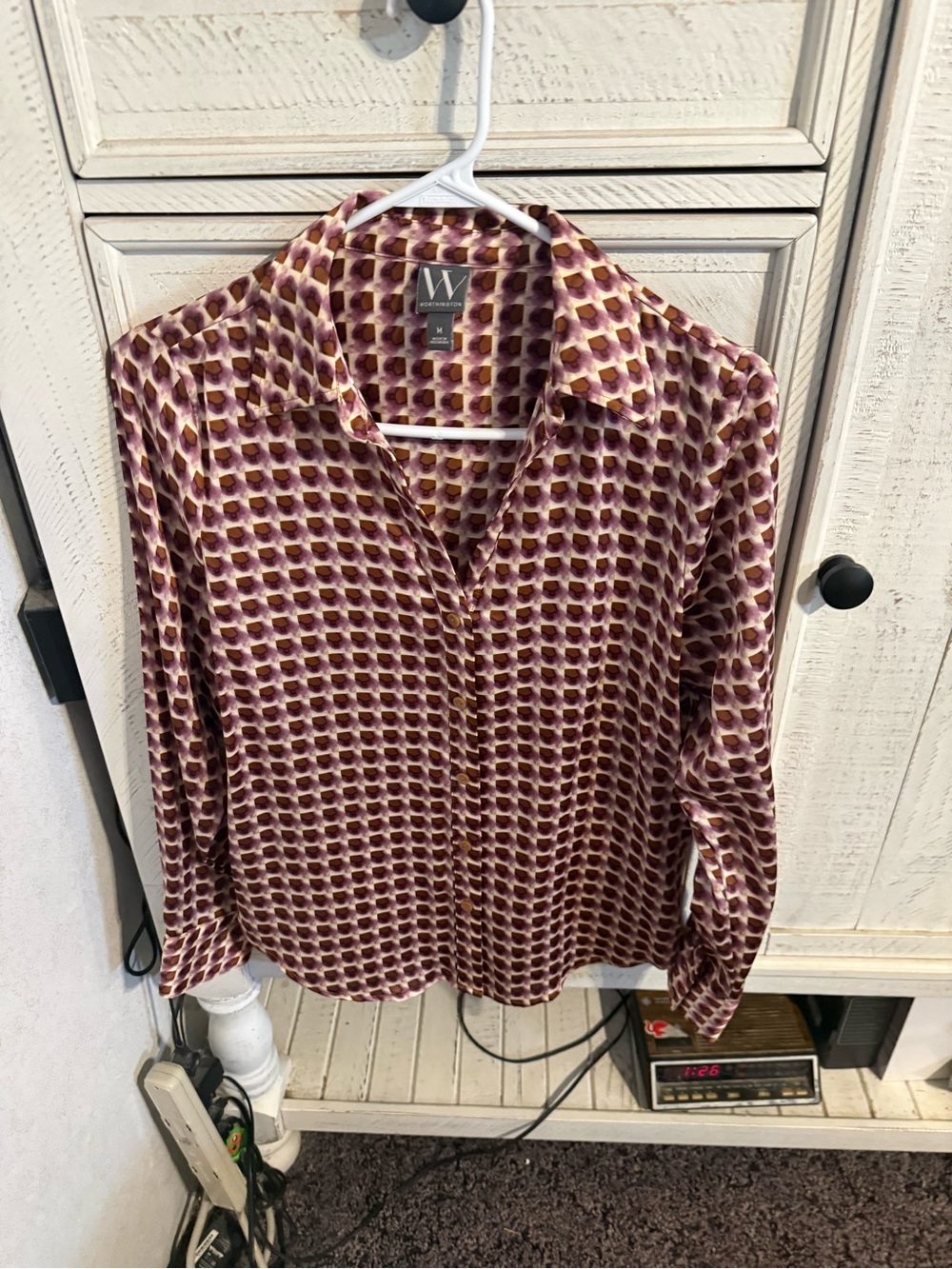 Worthington Women's Burgundy and Cream Geometric Blouse
